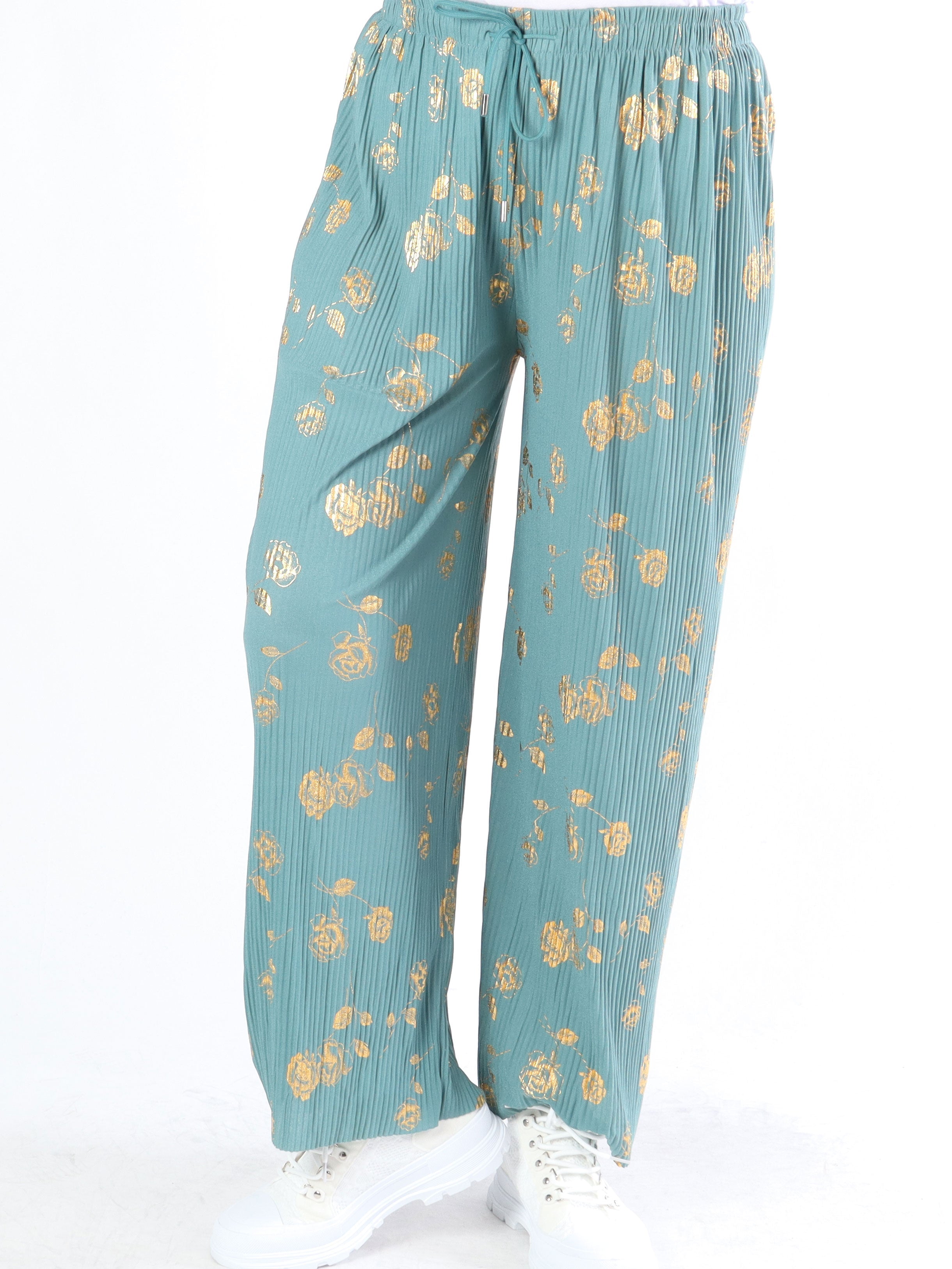 Alpha - Plisserade byxor med guldblommor